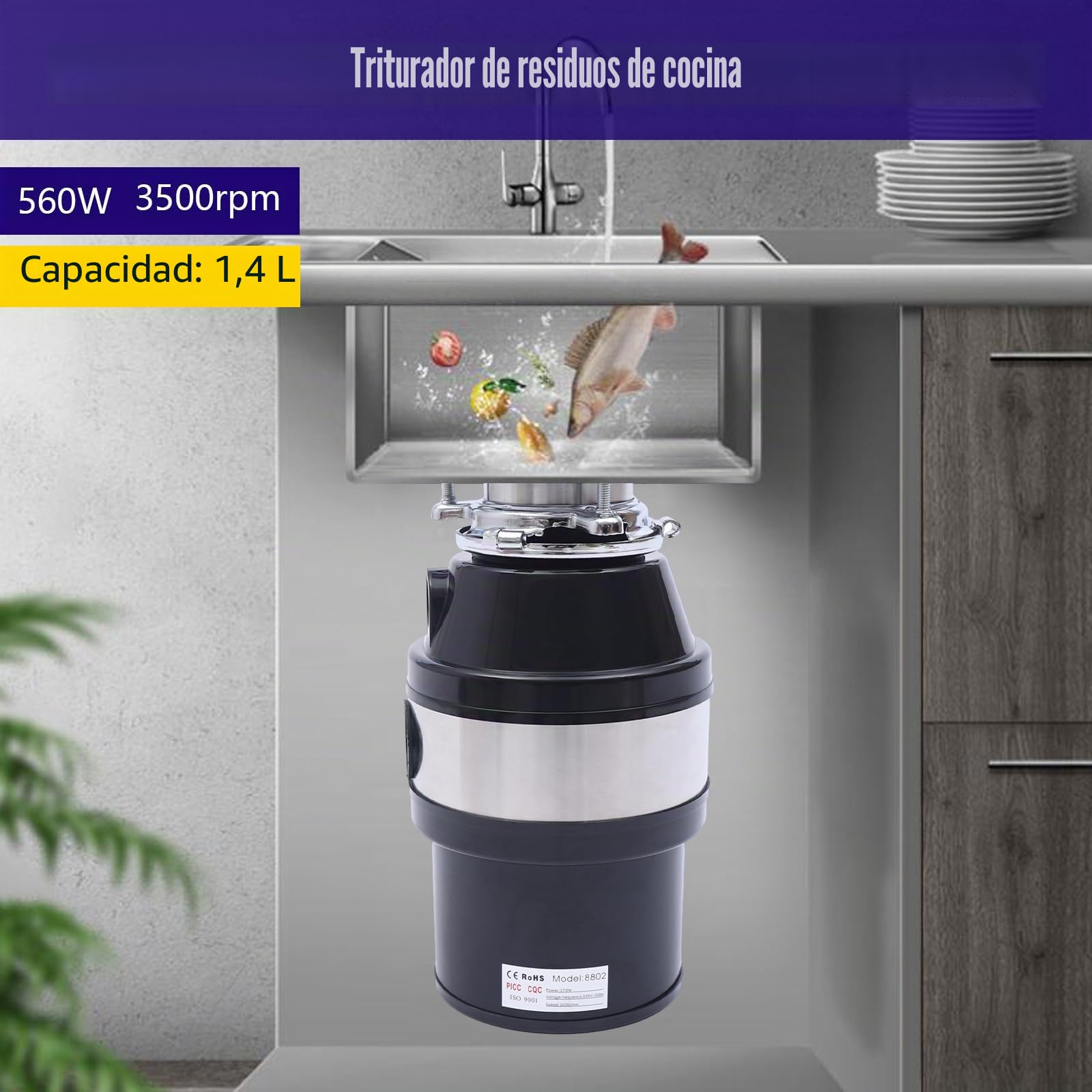 560W Trituradora De Residuos De Alimentos 3500rpm Trituradora De Residuos De Cocina Fregadero Protección contra el Ruido Máquina de Tratamiento De Residuos De Alimentos Para Tratamiento De Residuos De