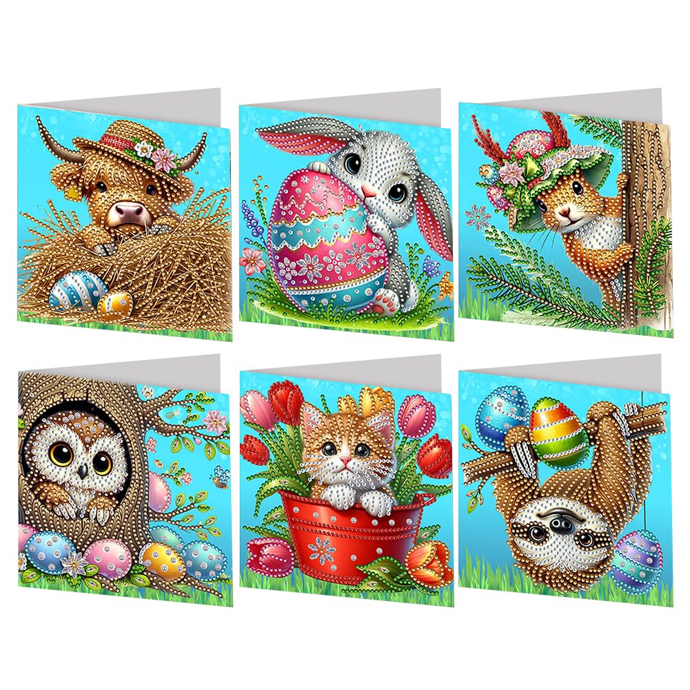 SPEPROECO Easter Diamond Painting Card Making Kits for Adults, 6pcs Easter Diamond Art Cards DIY Handmade Diamond Painting Greeting Egg Bunny Card with Envelope 5d Gem Rabbit Painting Greeting Card