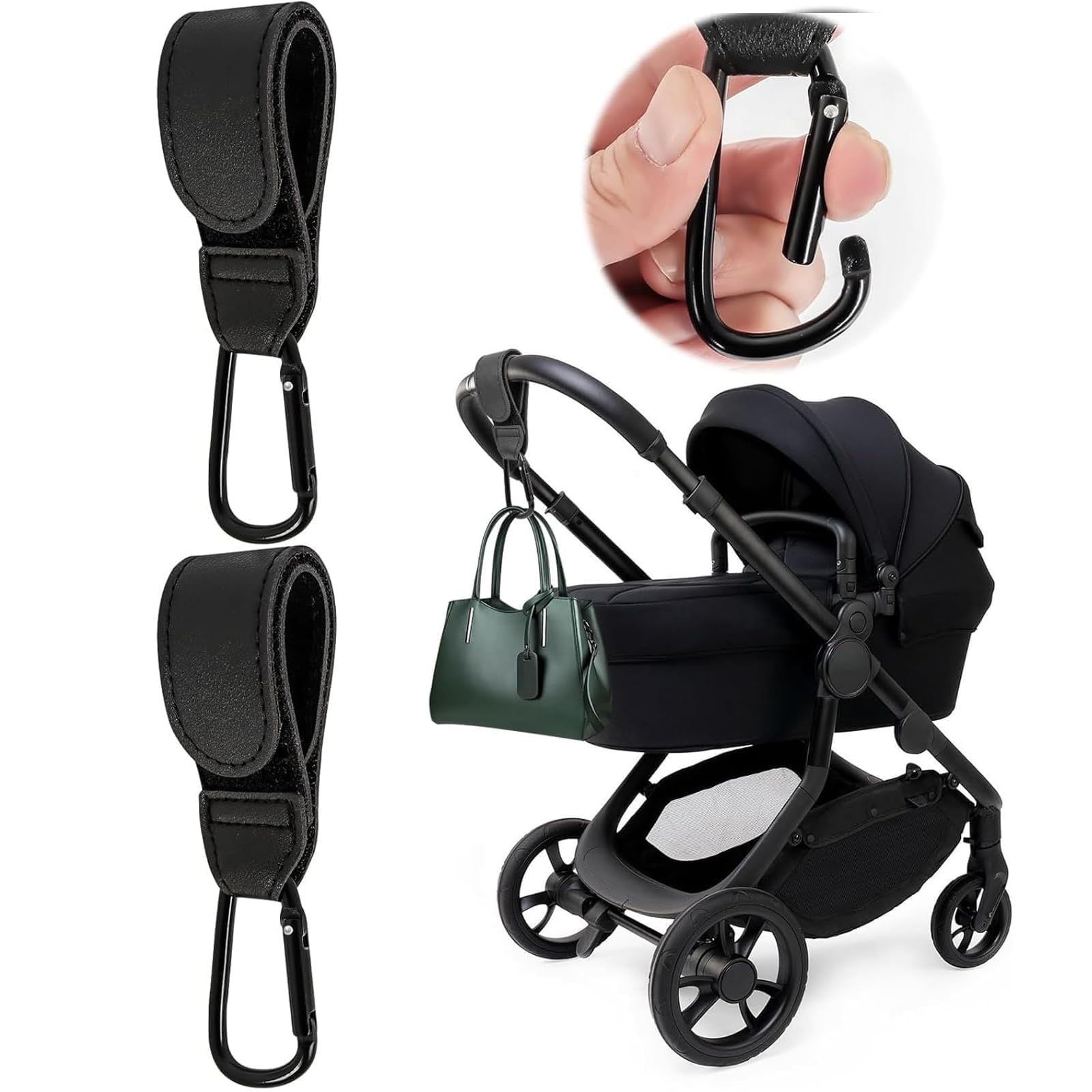 2-tlg Kinderwagen Haken Aus Leder - Windeltasche Halter Mit Clips
