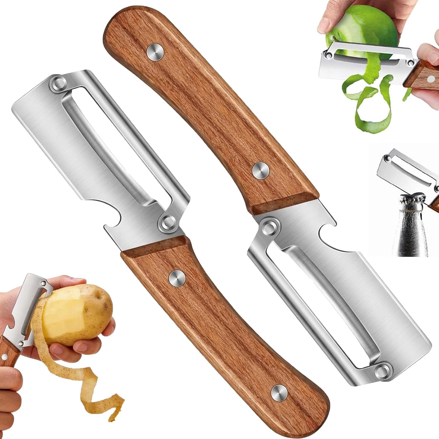Multi-Functional Vegetable Peeler for Kitchen,Vegetable Peeler Wooden Handle,2-in-1 Stainless Steel Fruit & Vegetable Peelers with Bottle Opener for Potato Pineapple (2PC)