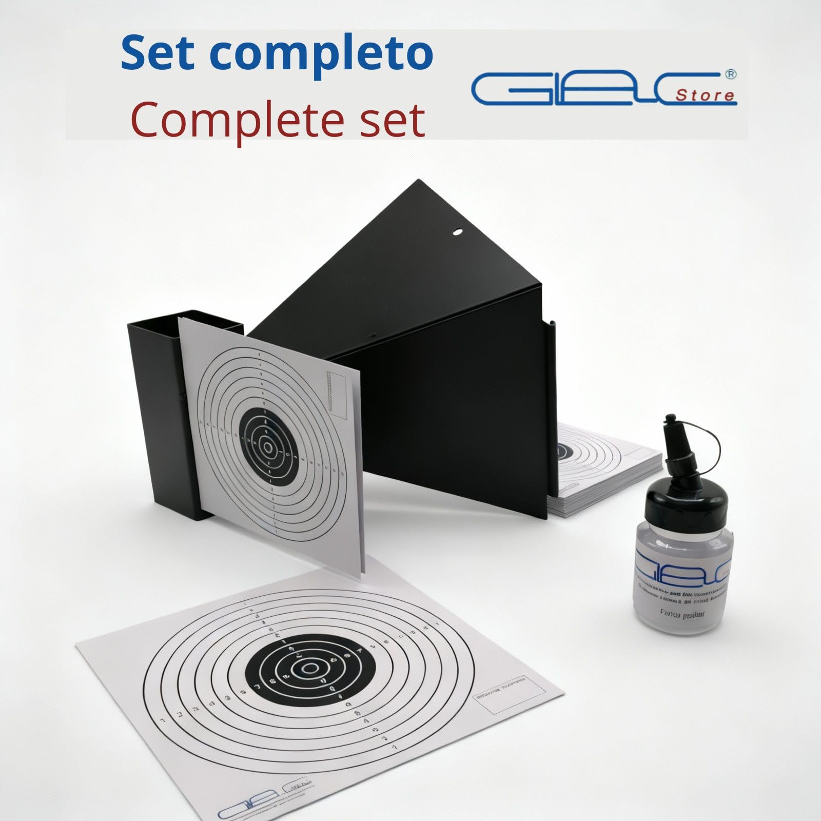 Bersaglio Raccogli Proiettili Pallini in Metallo Target 14 x14 cm Conico per Pistole Fucile Aria Compressa Gas + 5 Target in Cartoncino Quadrato e Porta Pallini Incluso