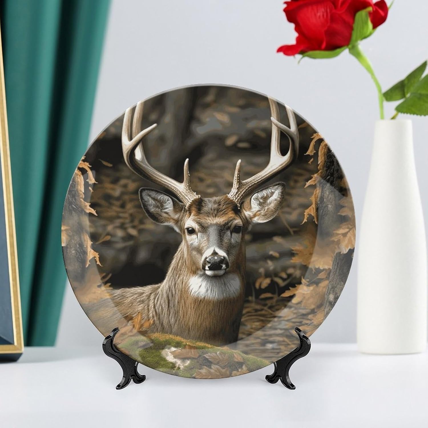 Camouflage Deer Bone China Decorative Plate with Display Stand, Ceramic Ornaments Plate for Wall Hanging, Personalized Porcelain Plates for Office, Living Room 10inch