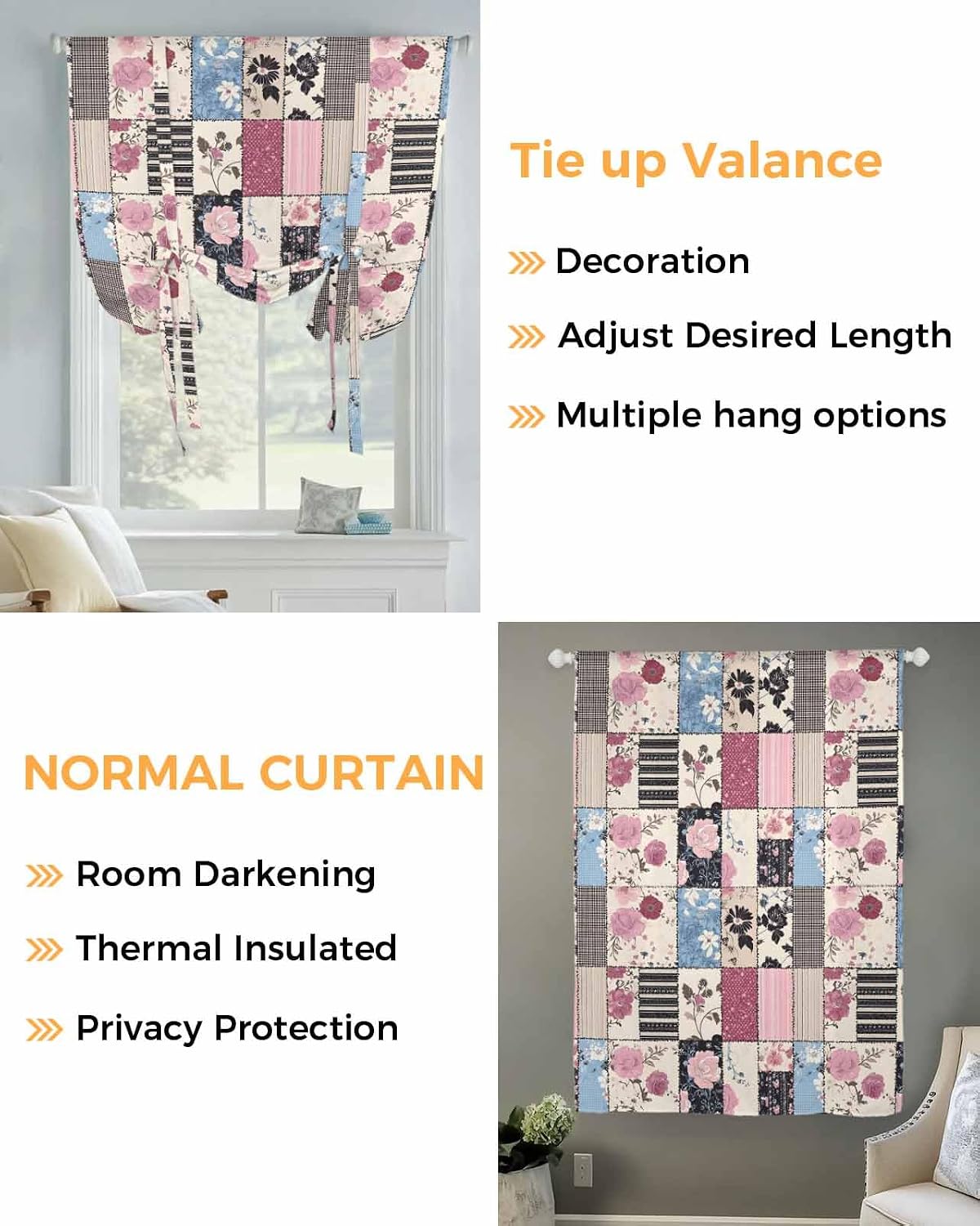 Tie Up Curtain for Windows Pink Floral Balloon Window Shades for Bedroom Bathroom Adjustable Rod Pocket Farmhouse Vintage Texture Window Treatments Curtains Valance for Kitchen 52" W x 63" L