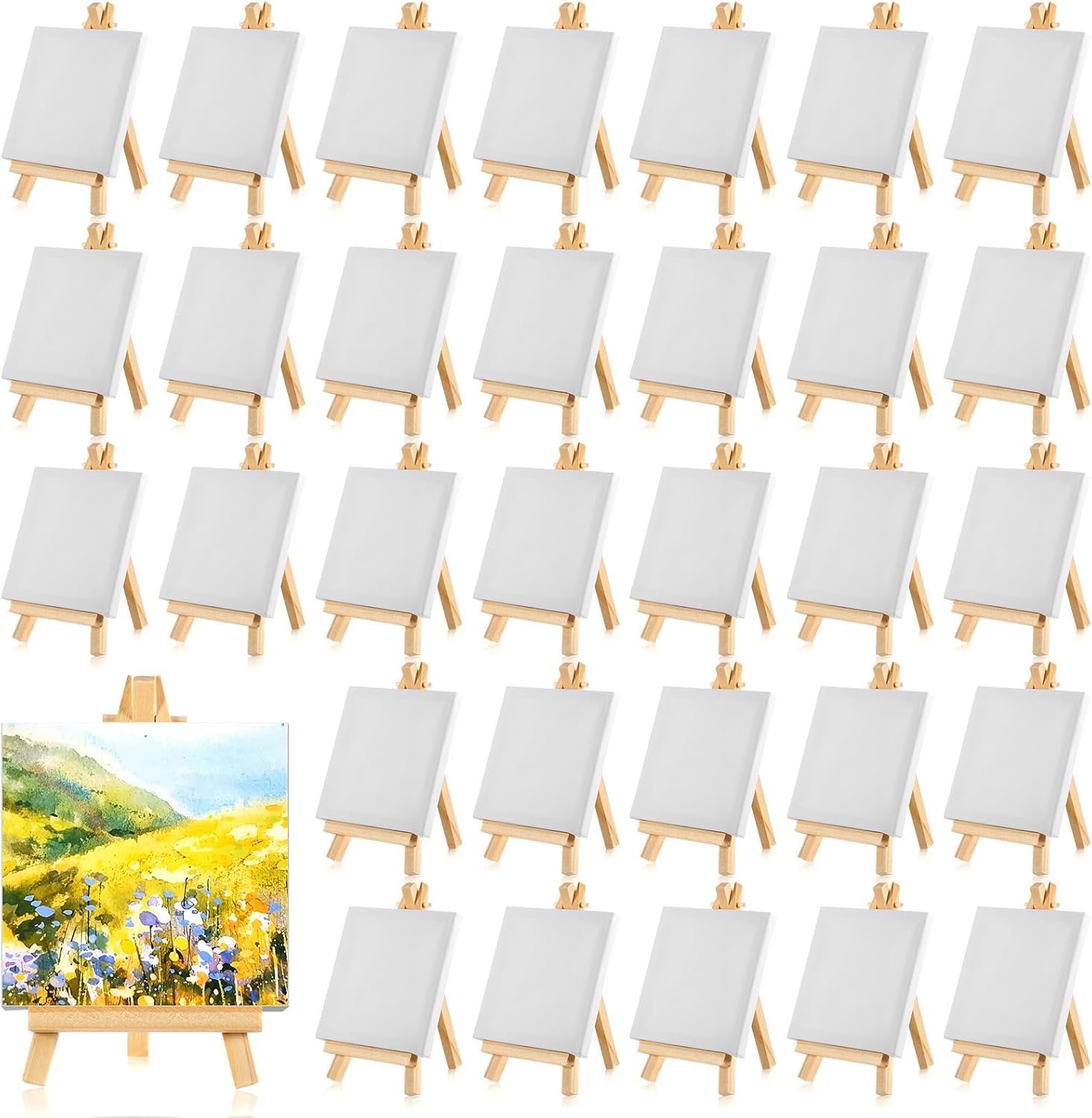 32 Pcs Mini Canvas with Easel Sets, 4 x 4 Inch Mini Square Canvases for Painting Small Blank Art Canvas with Wooden Easels for Acrylic Painting, Oil Paint for Adults, Kids, Crafts