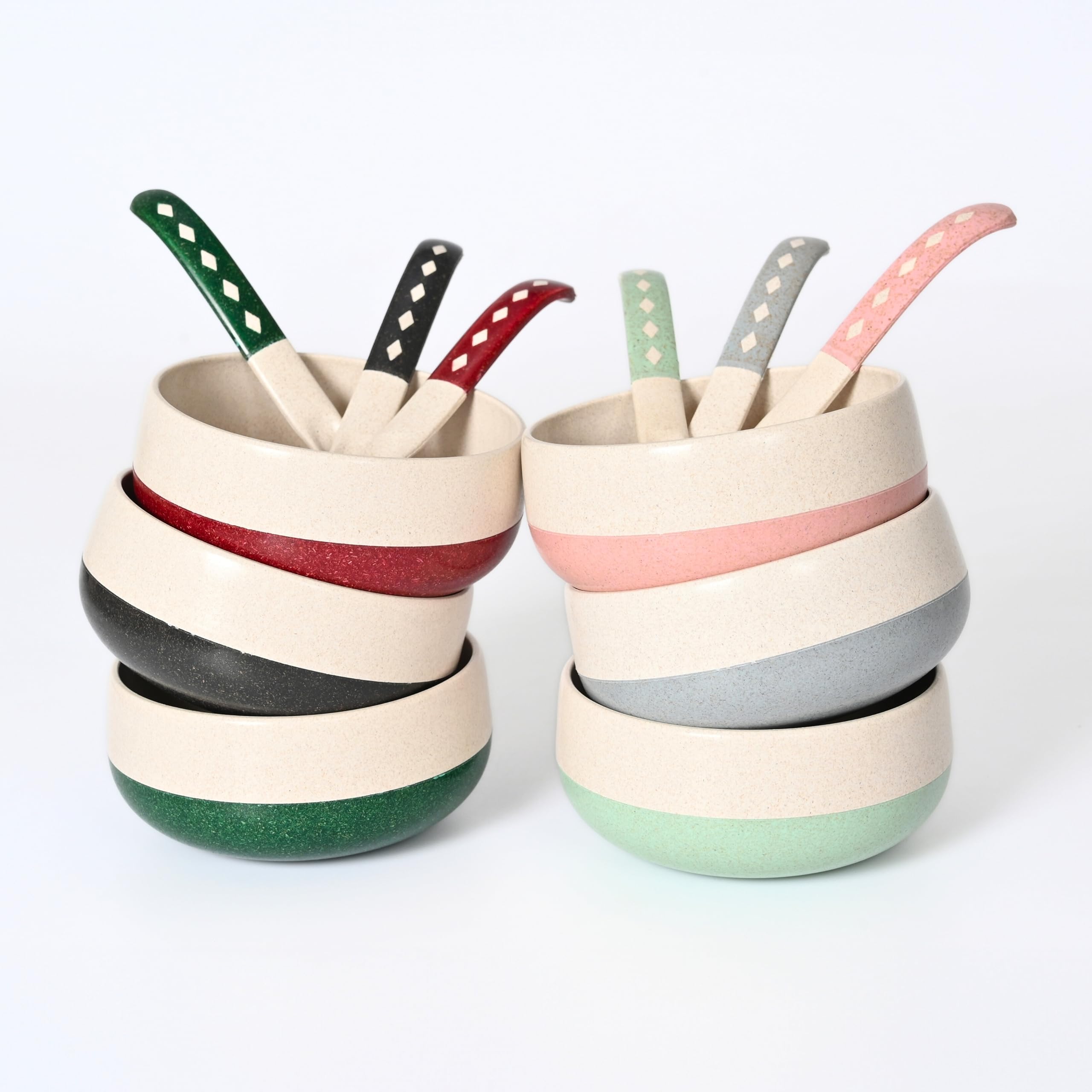 Earth-Friendly Soup Bowls with Spoons Set of 6 | 250 ml | Made with Rice Husk Biocomposite | Microwave Safe Bowl | Serving Bowl Set | Multicolor