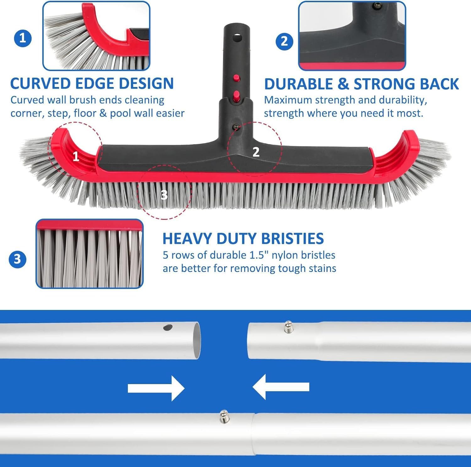 Swimming Pool Brush with Pole - 17.5" Wall Brush with 10FT Adjustable Aluminum Pole, Nylon Bristles, Curved Ends, EZ Clip Handle, Pool Brush for Cleaning Walls, Tiles & Floors - Image 4