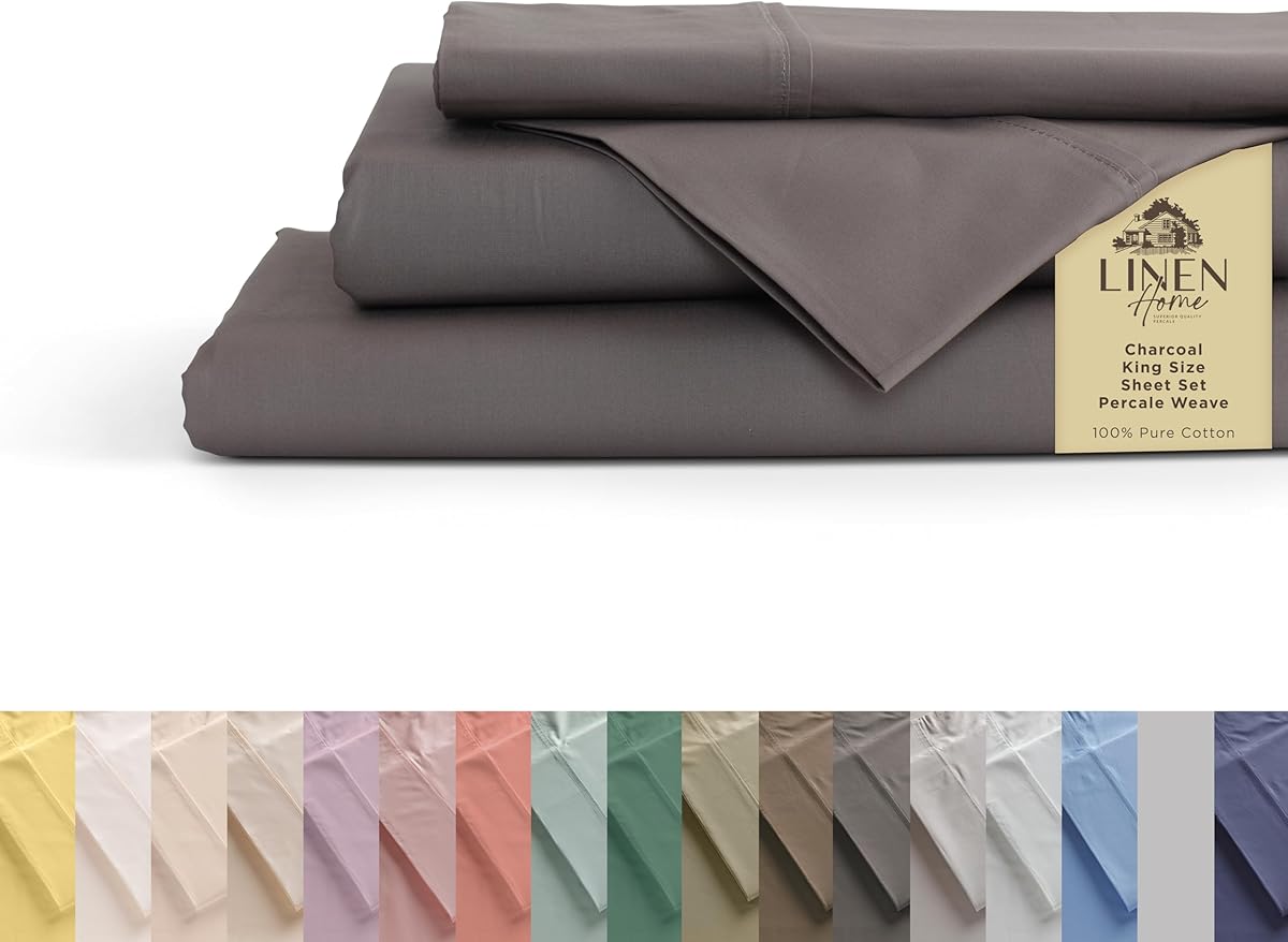 Linen Home 100% Cotton Percale Sheets King Size, Charcoal, Deep Pocket, 4 Pieces Set - 1 Flat, 1 Deep Pocket Fitted Sheet and 2 Pillowcases, Crisp Cool and Strong Bed Linen