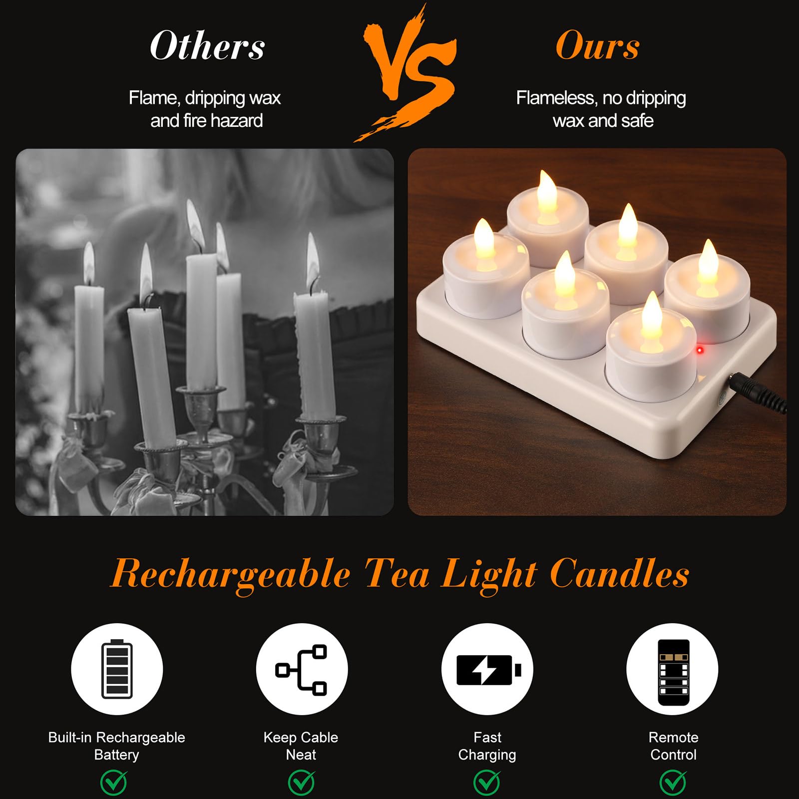 Glowtink Rechargeable Tea Lights, 6pcs LED Tea Lights with Remote Timer - Image 3