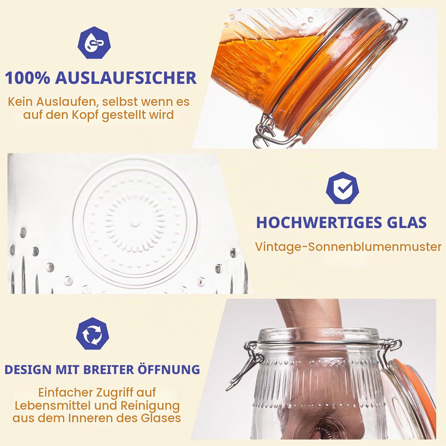 1L Einmachgläser Mit Bügelverschluss, 6 Stück vorratsgläser mit deckel,1000ml Glasbehälter mit Drahtbügelverschluss für Lagerung, Einmachen, Einlegen, Konservieren, Fermentieren, Basteln und Dekoriere