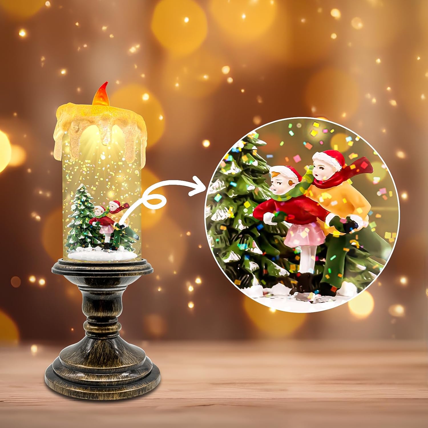 Christmas Snow Globe Candle Lantern with Timer, Rotating Glitter Water, Flameless LED Candle, Battery Operated (3×AA), Vintage-Style Holiday Decoration for Tabletop & Mantel