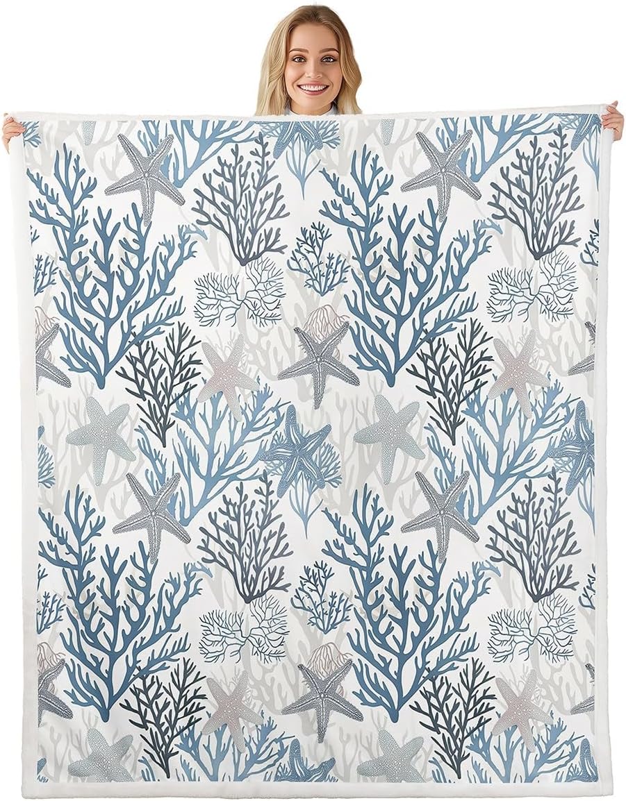 Erosebridal Nautical Seashell Starfish Fleece Blanket Queen 90x90 Blue Coastal Ocean Beach Sherpa Blanket Coral Sea Decor Set Marine Life Underwater Fuzzy Plush Throw