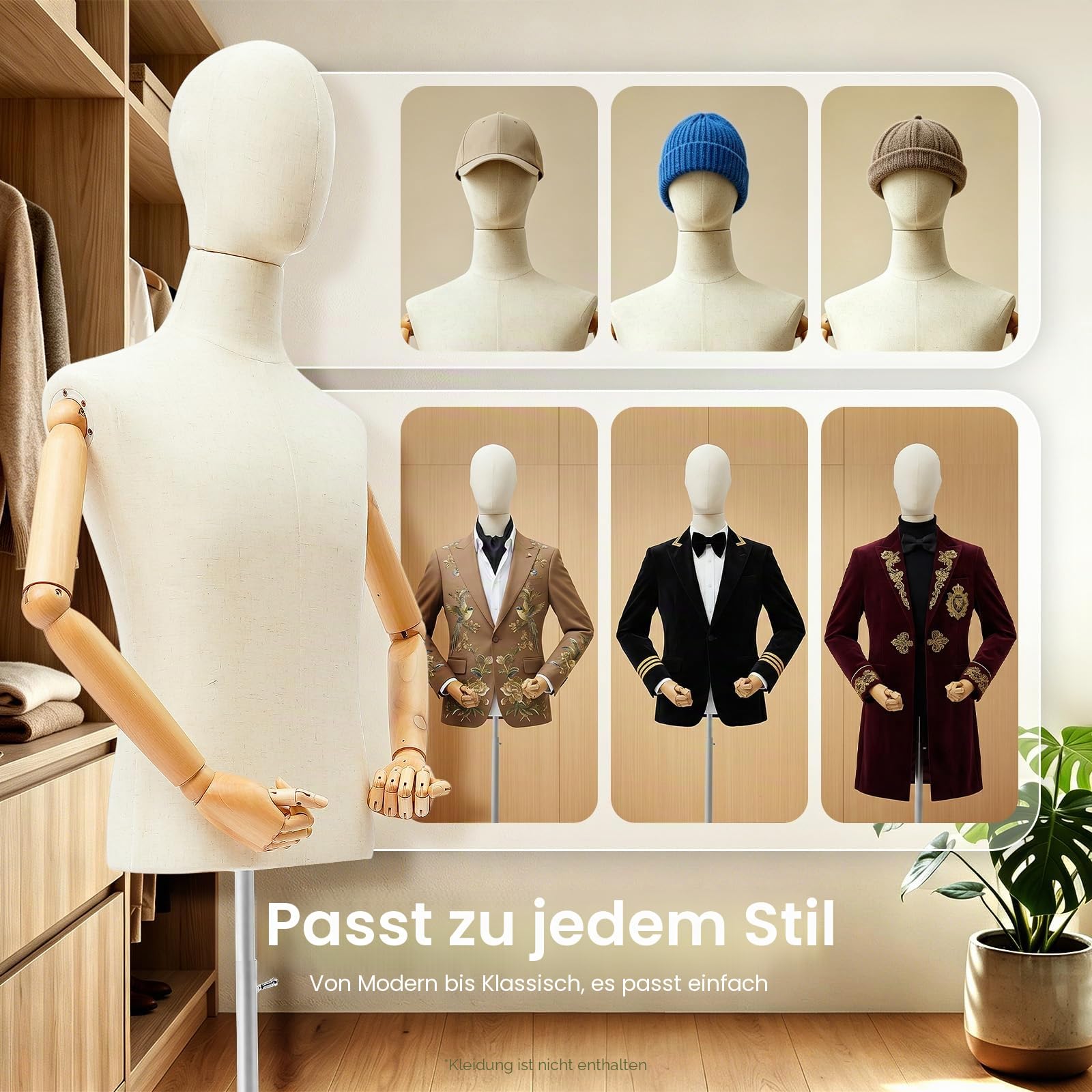 Schneiderpuppe Einstellbare Höhe Herren Schaufensterpuppe,Schneiderbüste Mit Verstellbarer Kopf,Arme und Finger,für Bekleidungsgeschäfte,Schneidereien, Hochzeitskleider (Leinen+Silber, M)