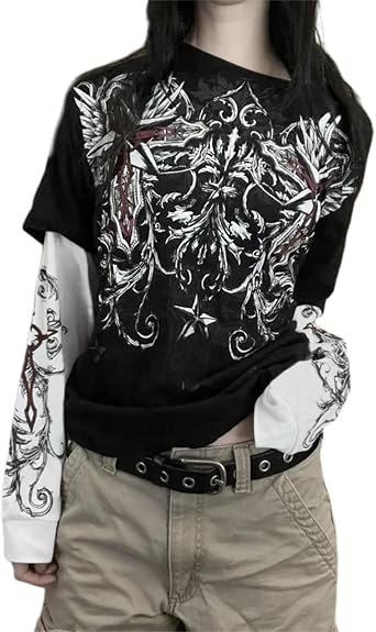 Alyweatry Emo Grunge Shirts Women Fake Two-Piece 2000s Graphic Long Sleeve Vintage Y2k Top Teen Goth Alt Clothes