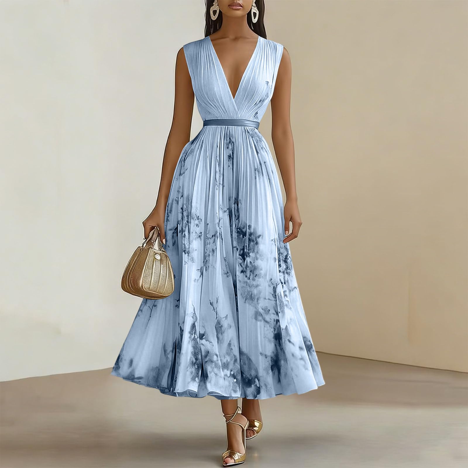 Kleid Hochzeitsgast Damen Curvy Lang Abendkleider Elegant Für Hochzeit Gast Chiffon Festliche Kleider Damen Sommer A Linie Ballkleid V Ausschnitt Tailliert Partykleid Blumen Maxikleider - 2