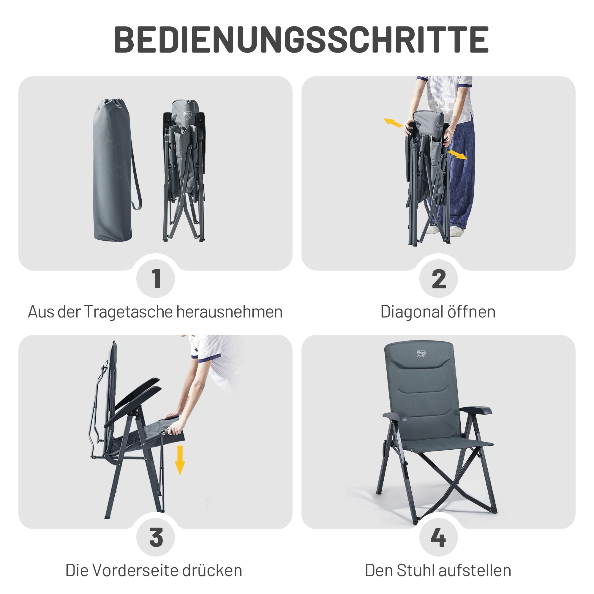 TIMBER RIDGE Campingstuhl Faltbar Hohe Lehne Kleines Packmaß Klappstuhl Camping 150kg mit 4 Positionen verstellbar mit Tasche Liegestuhl Alu für Garten Balkon Wohnmobil