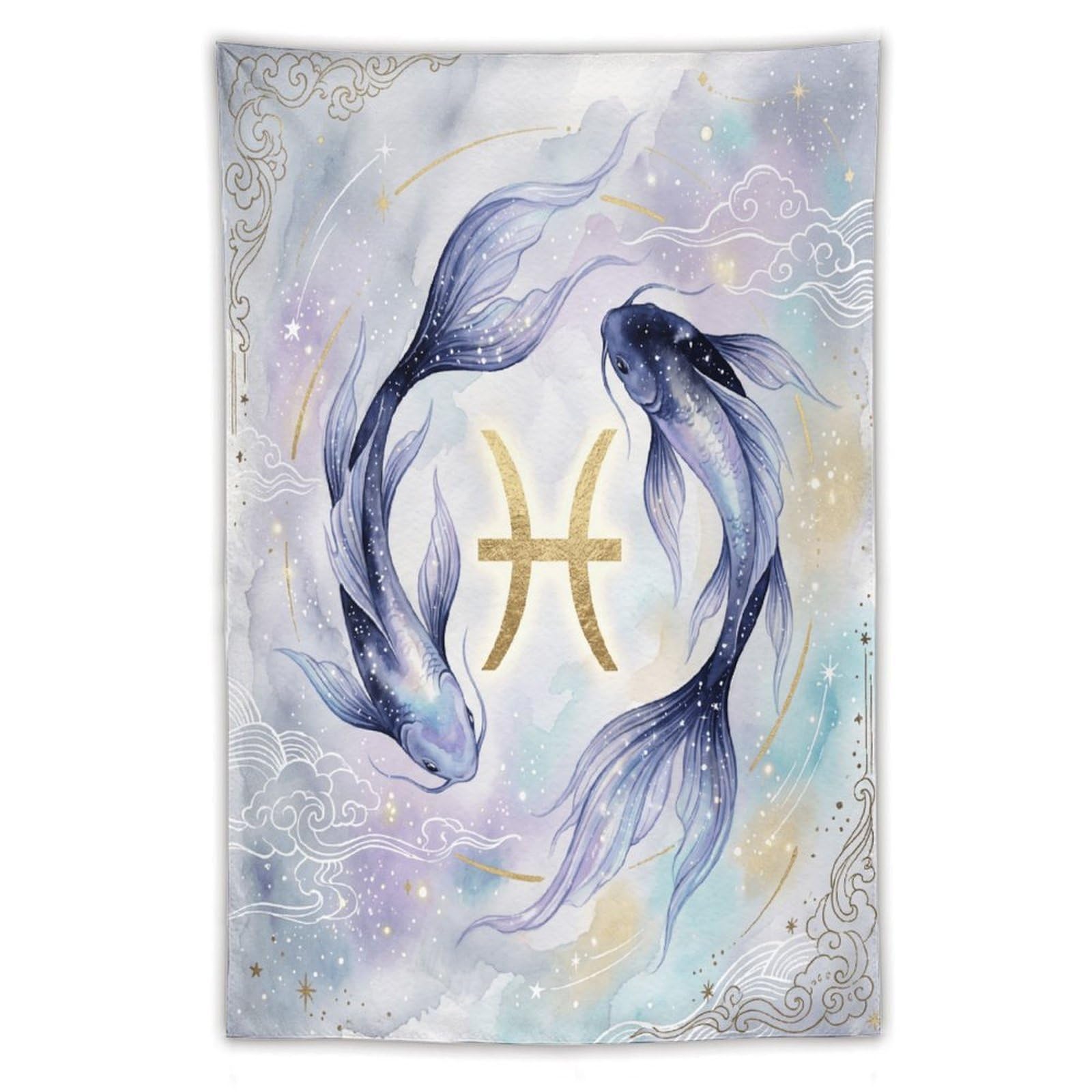 H3B8U2Y5 Pisces Koi Celestial Wall Tapestry, Ukiyo-e Style, Tranquil Pond