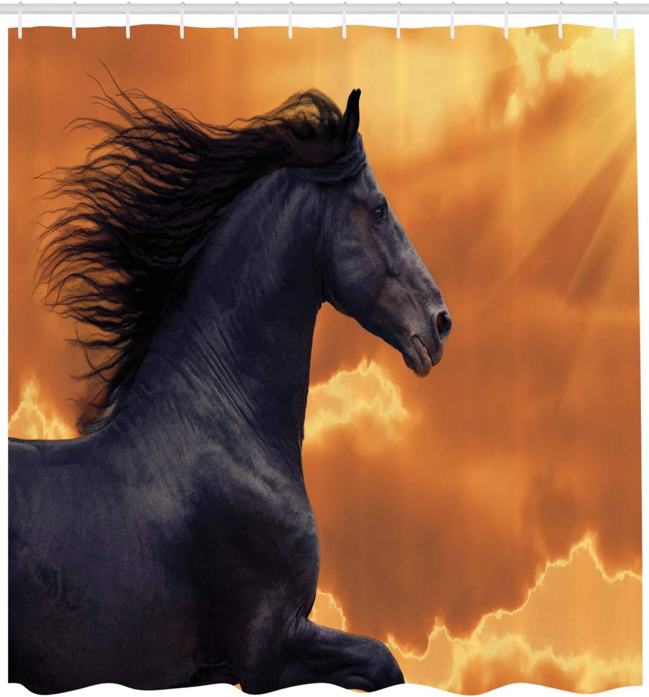 Ambesonne Horses Shower Curtain, Portrait of Galloping Friesian Horse with Hot Sun Rays Intensity Honor Grace Theme, Cloth Fabric Bathroom Decor Set with Hooks, 69" W x 75" L, Black Orange