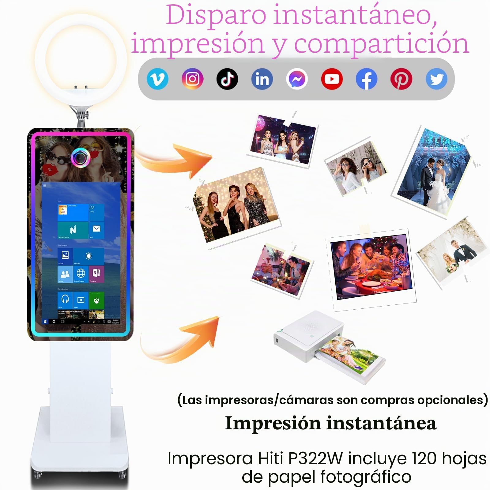 Máquina de cabina de fotos con espejo con visualización táctil interactiva de 32 pulgadas y funda de vuelo, mini computadora incorporada, espejo mágico de impresión instantánea para cumpleaños