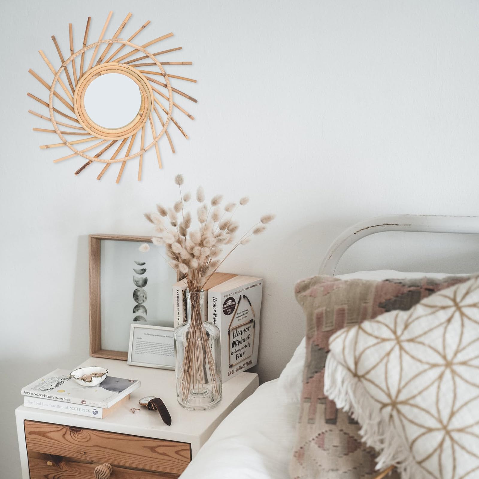 DECHOUS Gewebter Dekorativer Spiegel aus Rattan Handgefertigt Wandmontiert Kaffeefarben für Zuhause und Schlafzimmer Wanddekoration und Foto Requisite