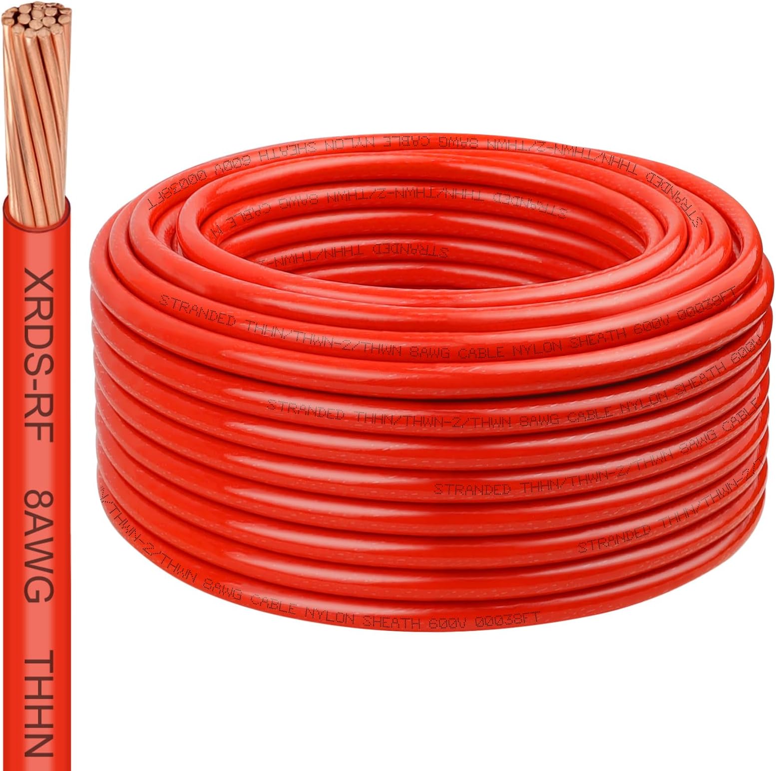 XRDS -RF 8 Gauge THHN Wire, 100FT Red Stranded Copper Electrical Wire, 600V, Heat & Oil Resistant, Nylon Sheath Building Wire for Indoor/Outdoor Use