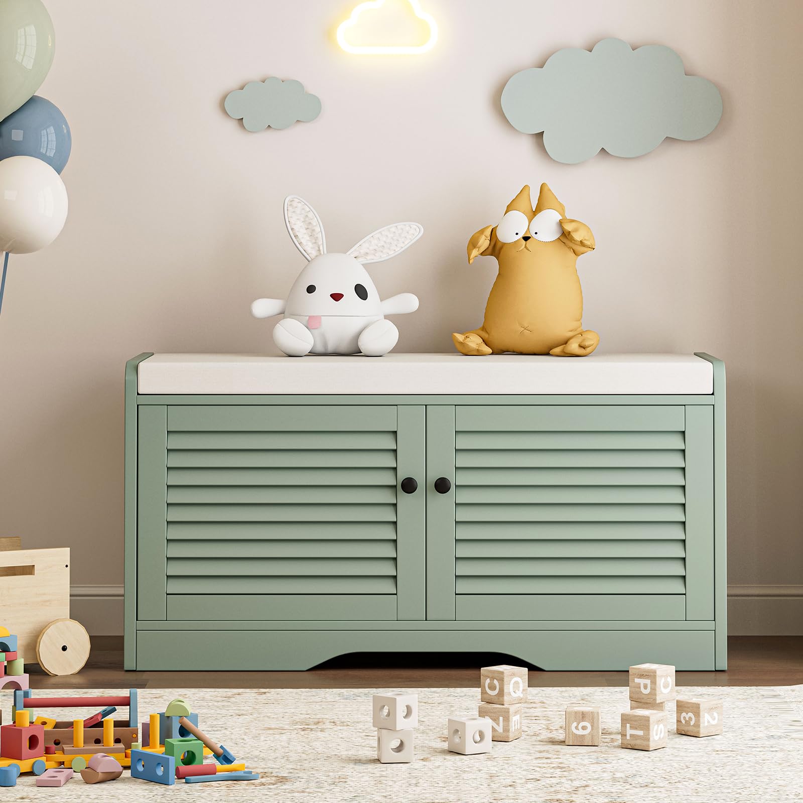 Shoe Storage Bench with Padded Seat Cushion, Classic Louvre Doors Shoe Bench for Entryway, Living Room, Bedroom, 13.7" Dx36.6 Wx18.3 H,Mint Green