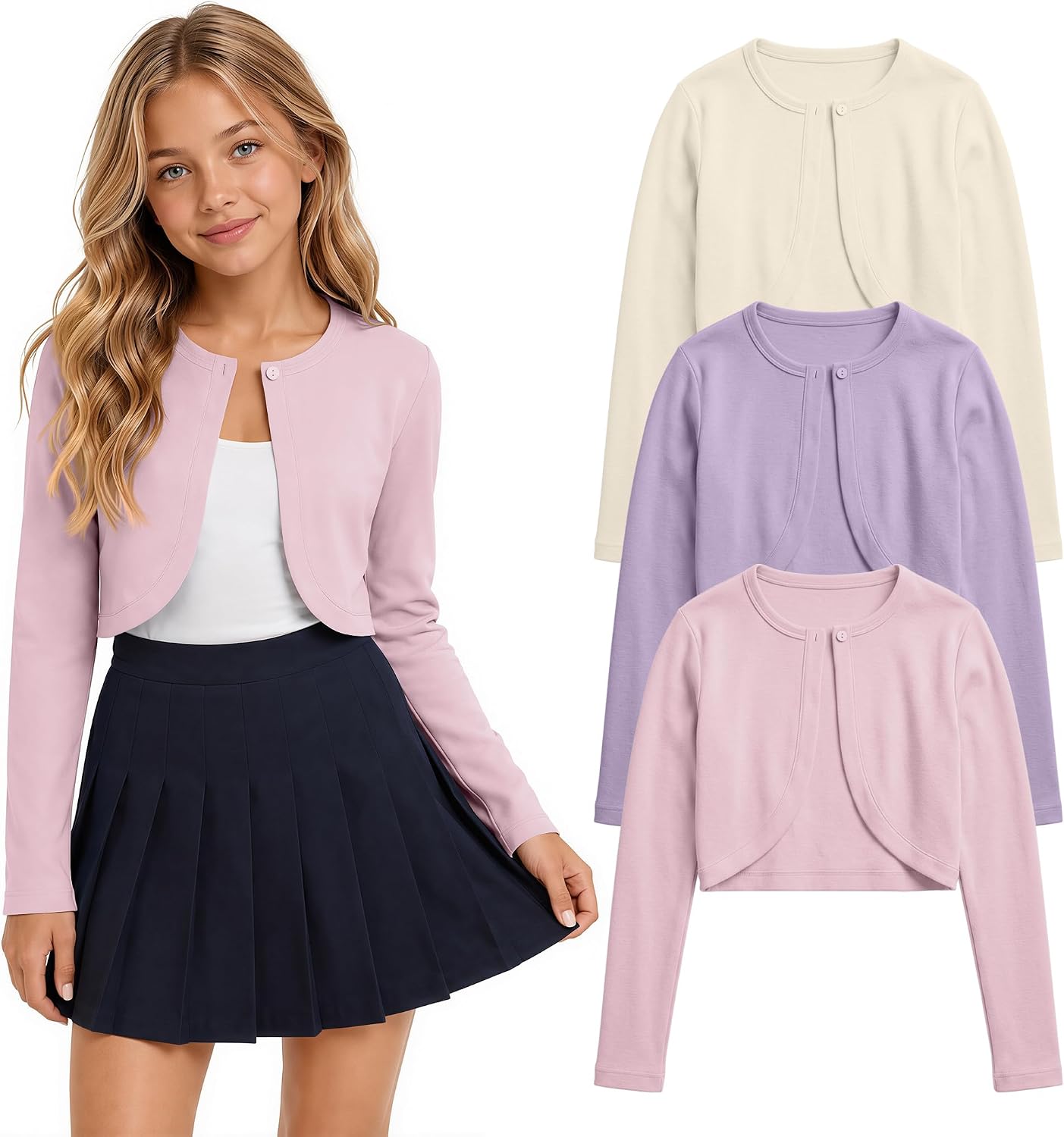 3 Pack Girls Long Sleeve Cardigans | Cropped Cardigan, Button Front, Knitted Bolero Shrug, Soft Fabric, Back to School, School Uniform, Casual Fall Tops for Kids