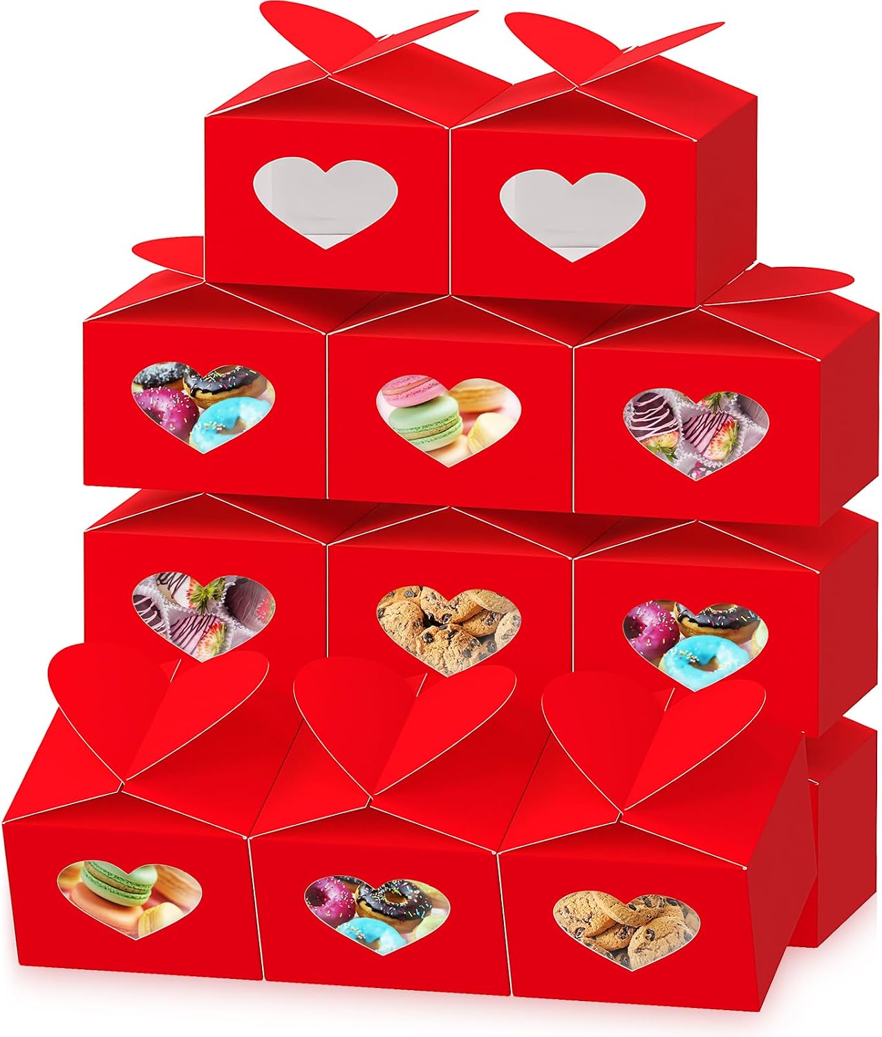 Fullhawl 30 Pcs Mother's Day Heart Cupcake Boxes with Window Red Cupcake Treat Boxes Candy Cookie Box Gift with Stickers for Candy Cookie Dessert Homemade Bakery Party