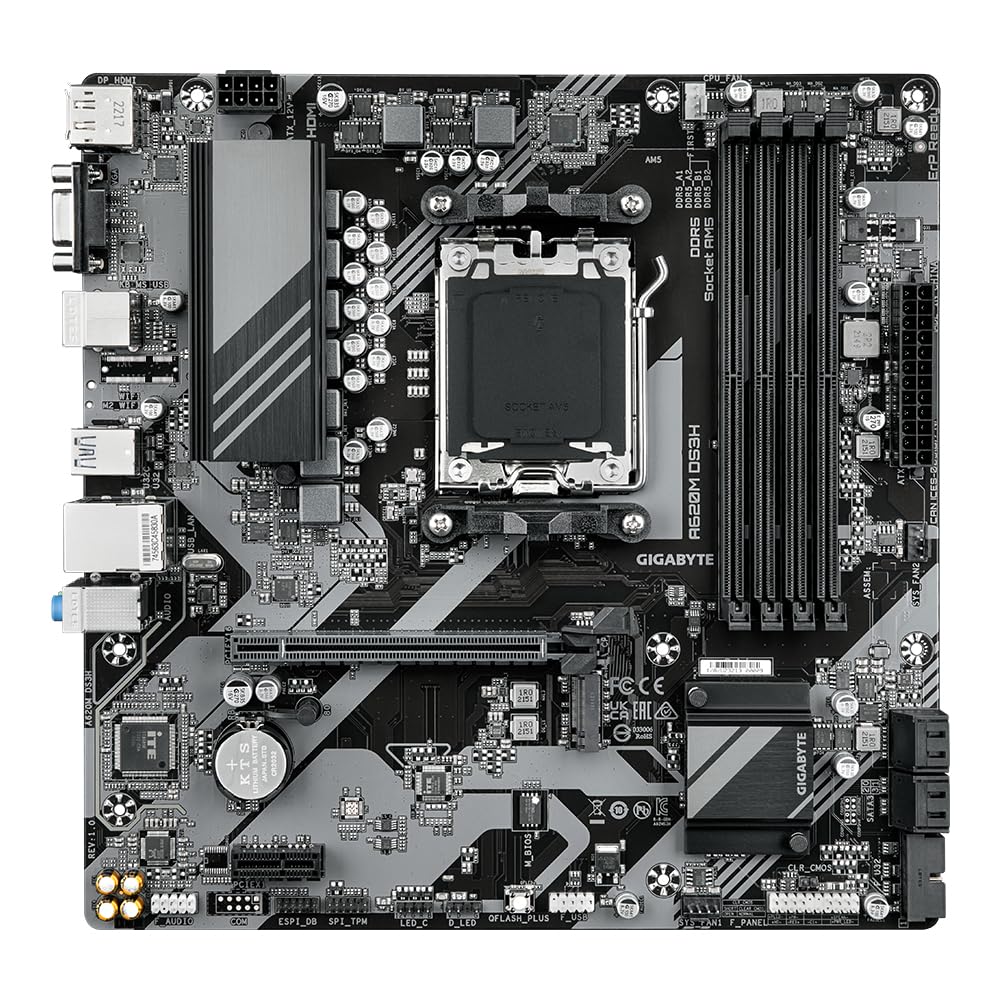 Gigabyte A620M DS3H Motherboard - Supports AMD Ryzen 8000 CPUs, 5+2+2 Phases Digital VRM, up to 7600MHz DDR5 (OC), 1xPCIe 4.0 M.2, GbE LAN, USB 3.2 Gen 1