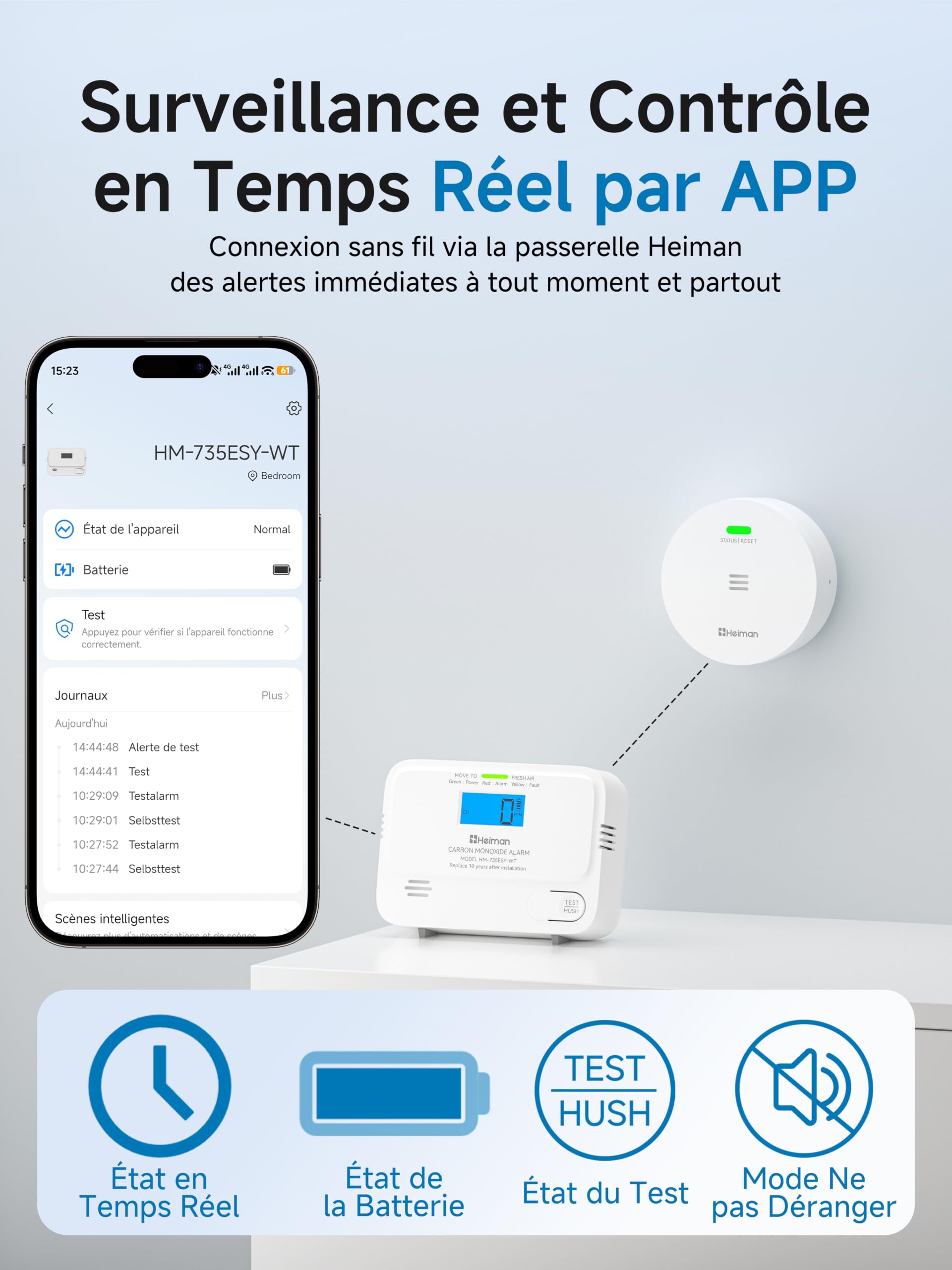 Détecteur de CO HEIMAN, capteur Intelligent, Batterie, 3 détecteurs et 1 Station de Base