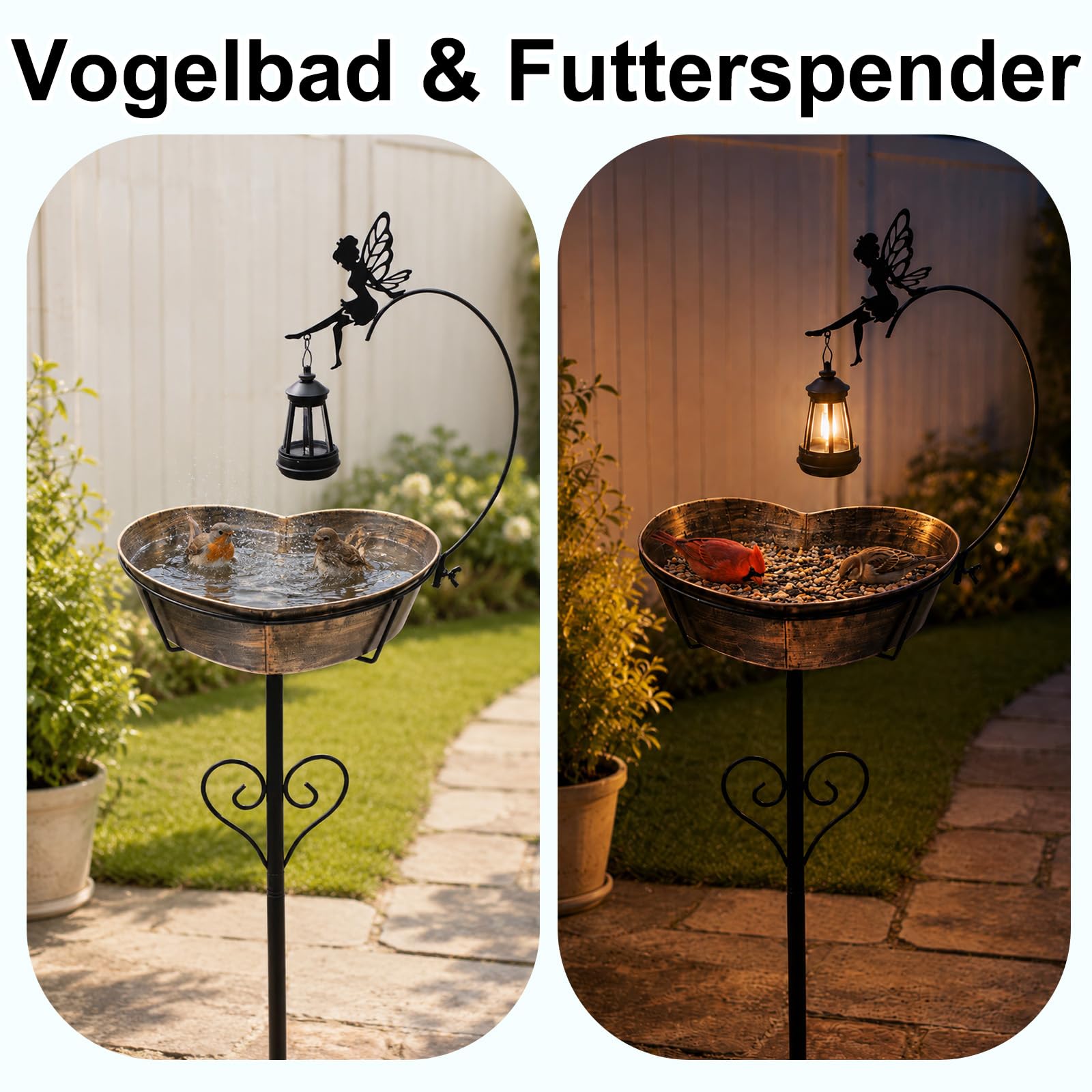 Solar Metall Herzförmiges Vogeltränke mit Liebevollen Feen & Solarlampen