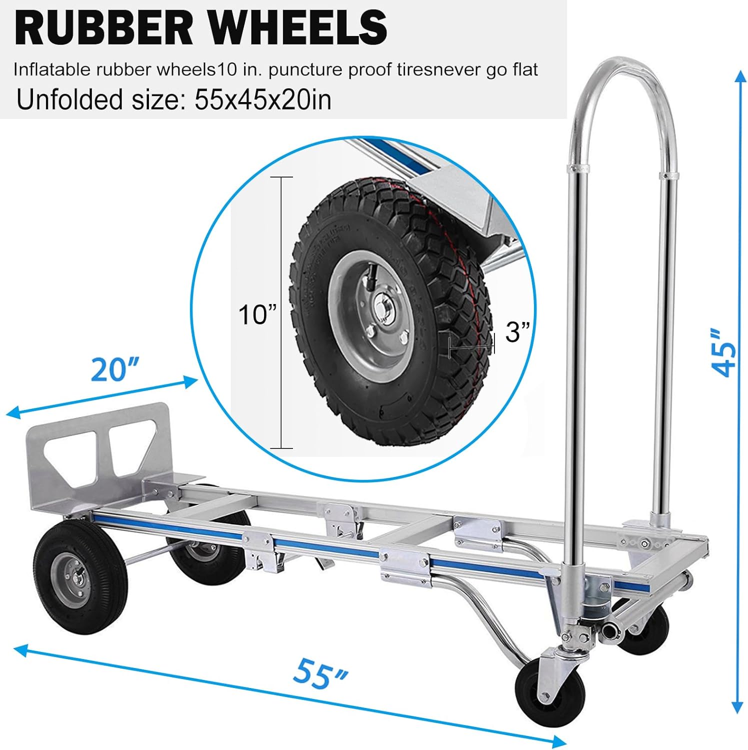 Aluminum Hand Truck, Heavy Duty Convertible Hand Truck Dolly 2 in 1 Design, 1000 LBS Utility Cart Dolly Cart with Rubber Wheels Commercial Grade for Transportation in Warehouse