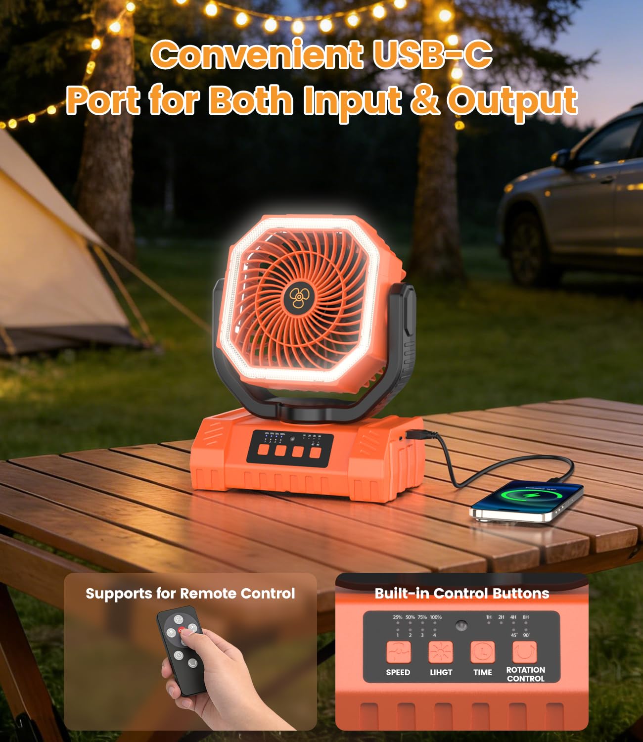 Tragbarer Camping Ventilator 20000mAh Akku mit LED Licht & Fernbedienung, USB Leise Tischventilator für Outdoor Camping Zelt Stromausfall Angeln Orange
