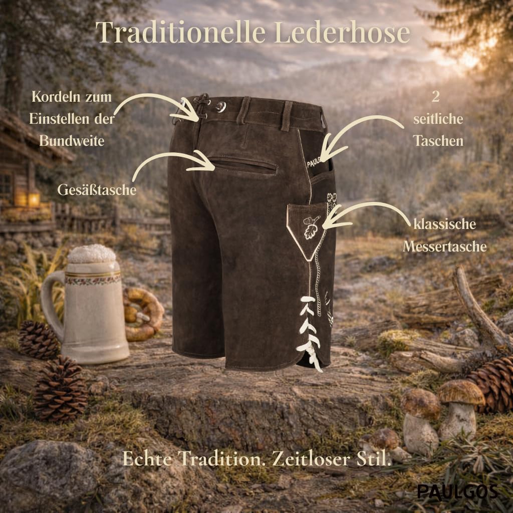 PAULGOS Herren Trachten Lederhose HK4 + Träger, Echtes Leder, Gr. 44-60