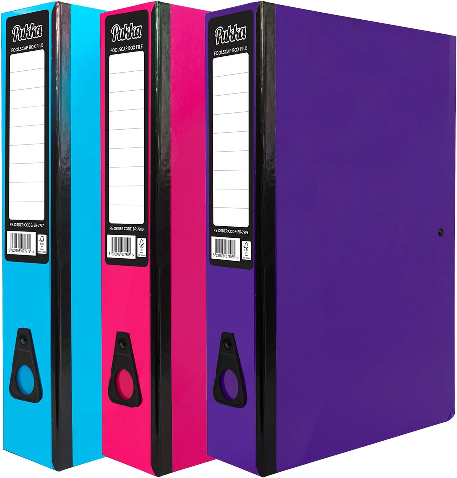3 x Pukka Foolscap A4 Glossy Box Files with Document Clip & Push Lock School Work Office 70mm Spine File Organiser (Assorted) (Pink Purple Blue)