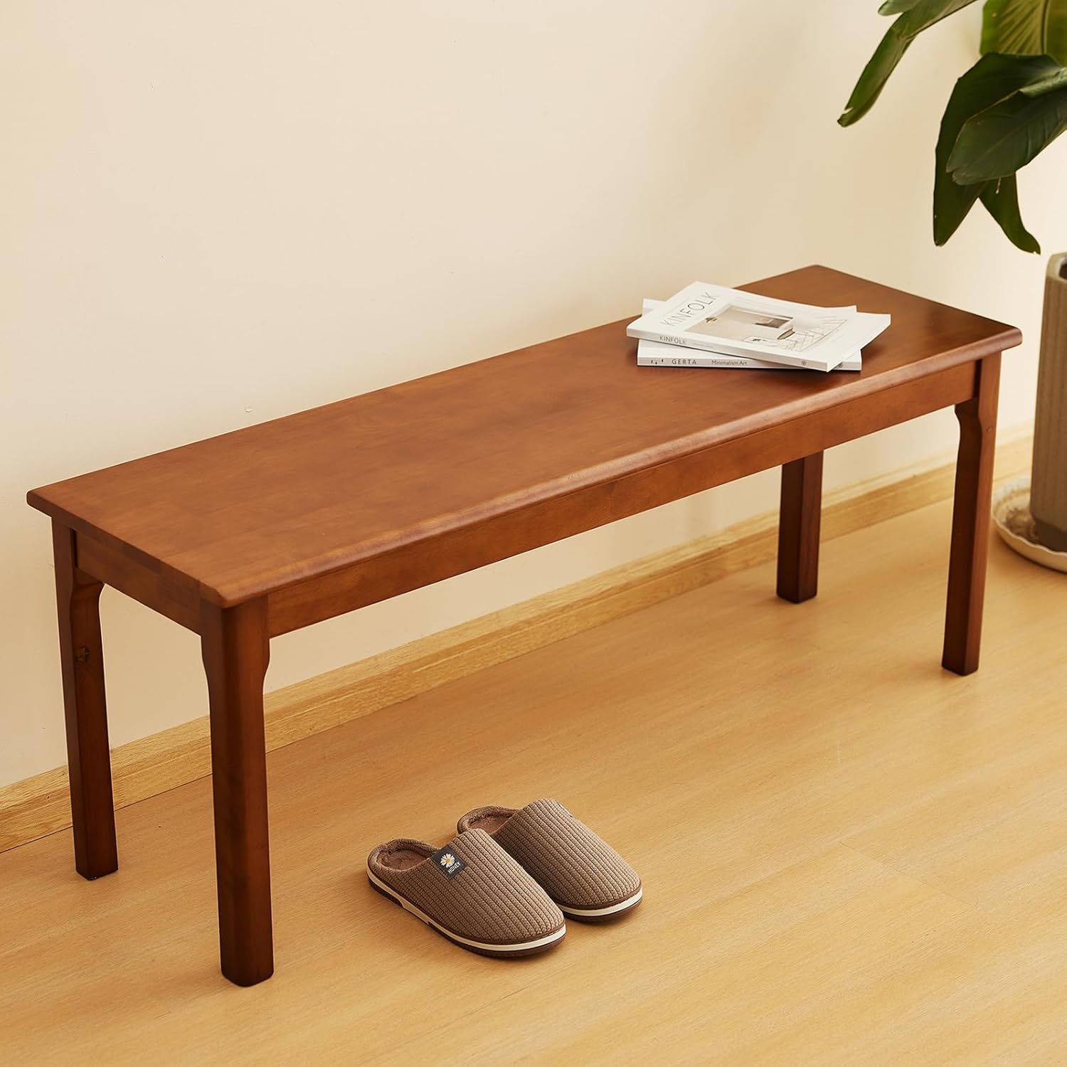 100% Solid Oak Wood Bench Entryway Bench Midcentury End of Bed Bench, Outdoor Bench,Rustic Home Décor Furniture Natural Wooden Slab Bench for Bedroom Household Dining Table (Brown)