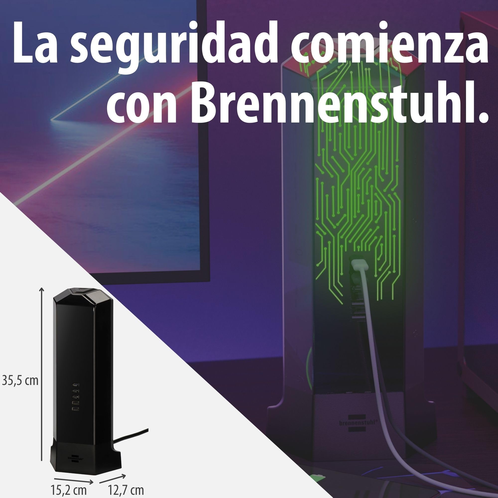 Brennenstuhl Gaming Torre Enchufes Vertical de 9 vías con USB y Control de luz RGB (con protección contra sobretensión, Cable de 2 m, 3X USB C con máx. 45W PD, 2X USB A e Interruptor)