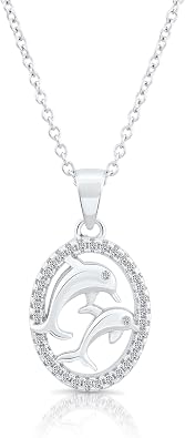 TILO JEWELRY Sterling Silver Cubic Zirconia Oval Playing Dolphins Pendant Necklace
