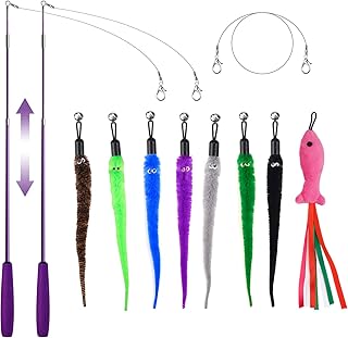 Retractable Cat Toy Wand, 11 Packs Interactive Cat Feather Toys, 7 Worms and 1 Fish Teaser Assorted Cat Teaser Refills wit...