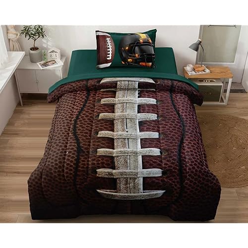 Teen Boy Football Bedding Set Twin Size, 4 Pieces American Football Comforter Set Twin, Kids Sports Bedding Bed in a Bag Set, Green Brown