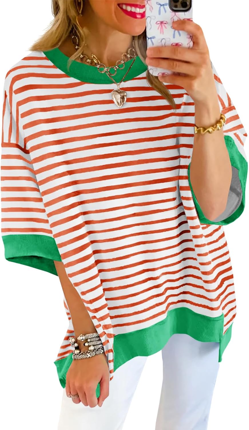 Tankaneo Womens Oversized T Shirts Striped Color Block Cotton Tops Summer Casual Half Sleeve Loose Fit Crewneck Sweatshirts