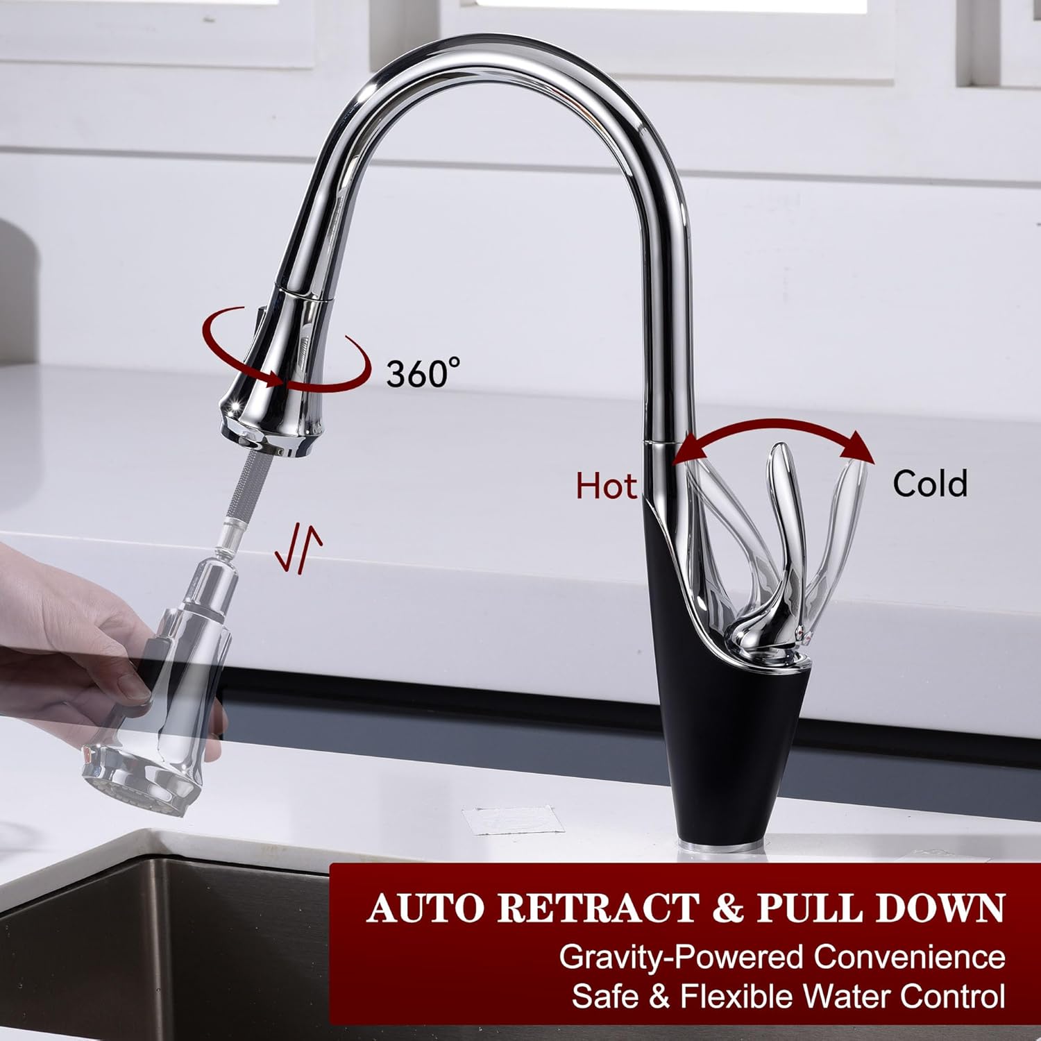 sumerain Single-Hole Kitchen Faucet with Pull Down Sprayer,Single Handle Stainless Steel Kitchen Sink Faucet,Chrome & Black