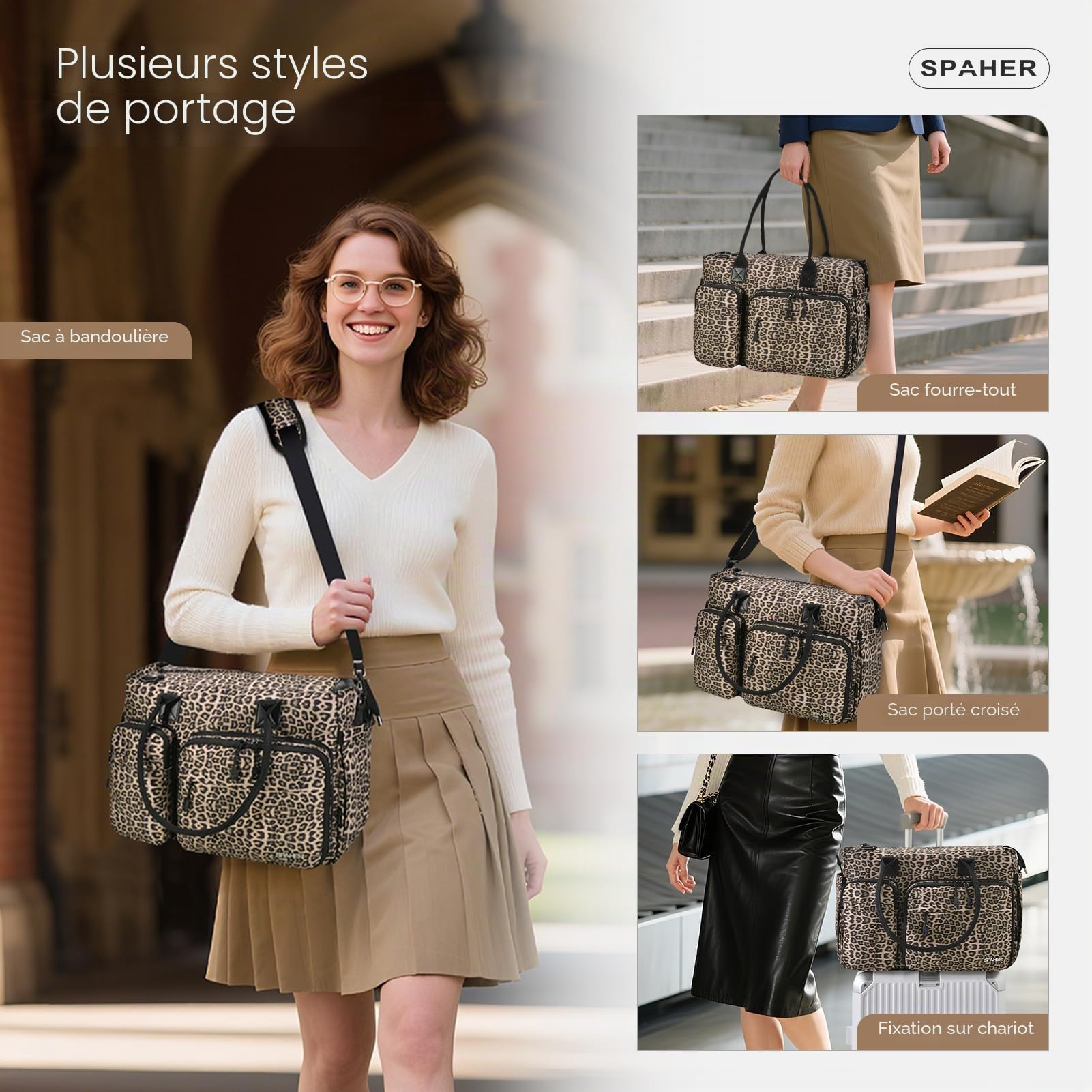 SPAHER Sac de Professeur Sac Voyage Cabine 40x30x15 Air France Léopard Kaki | 17 Poches, Compartiment pour Ordinateur Portable de 15,6 Pouces, pour Personnel Féminin, Enseignantes, Mamans