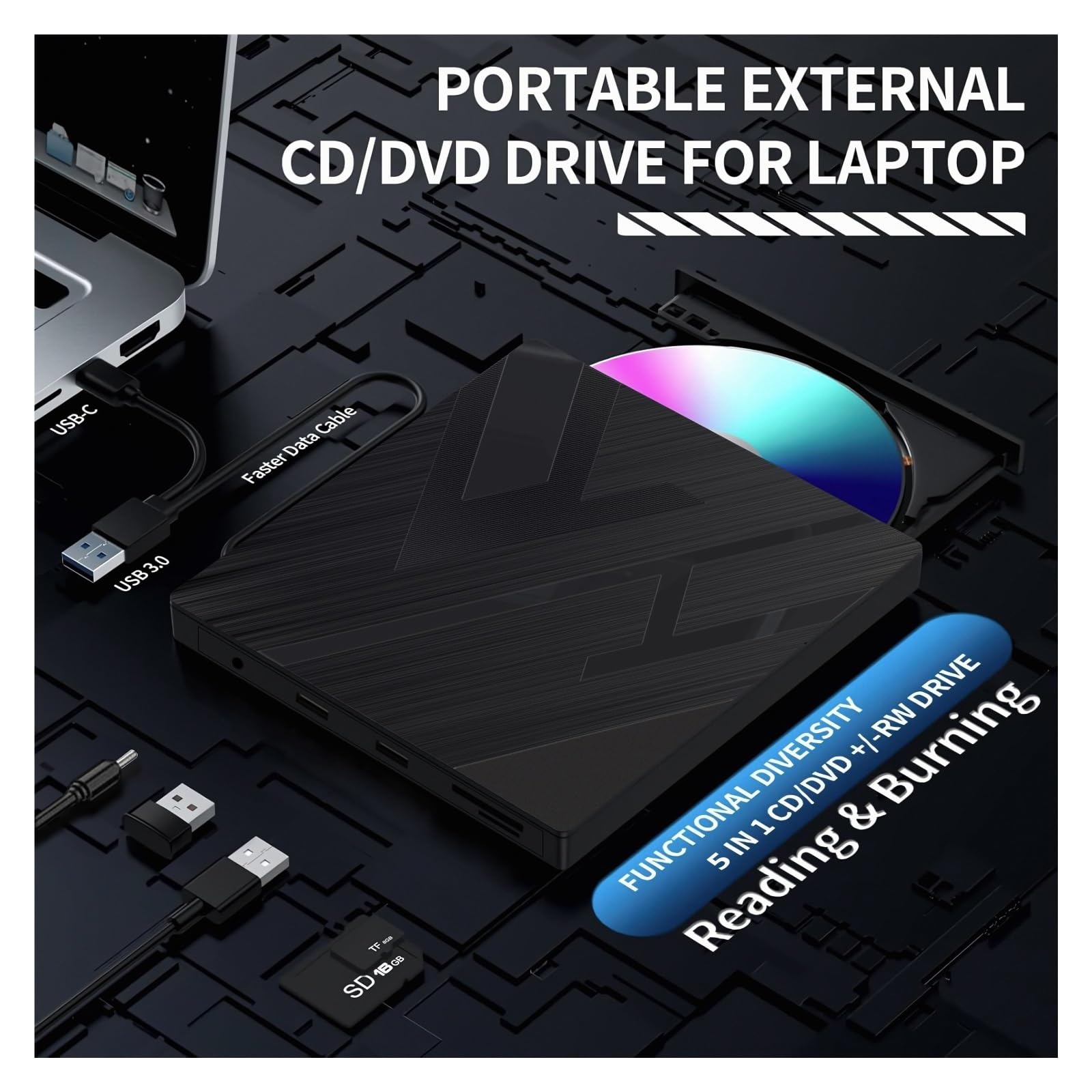 Unità Ottica Esterna Masterizzatore Dvd Espansione Computer Unità Ottica Multifunzione USB Doppia Interfaccia Facile Da Usare(7 ni 1)