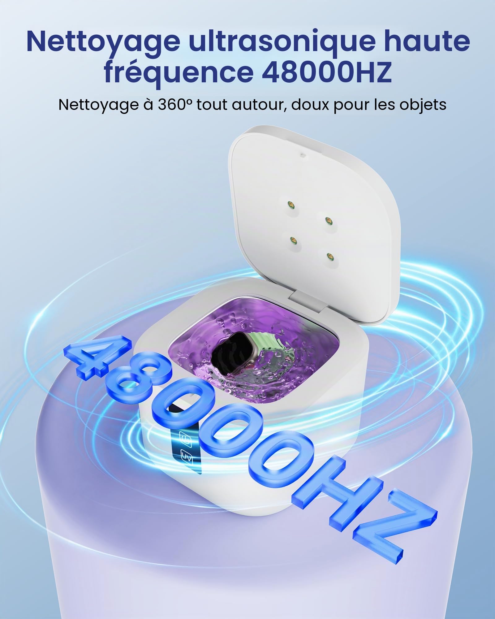 Nettoyeur Ultrasons 48kHz avec Stérilisation UV 375 ml 4 Modes pour Retenue Dentaire, Protège-Dents, Aligneur, Bijoux