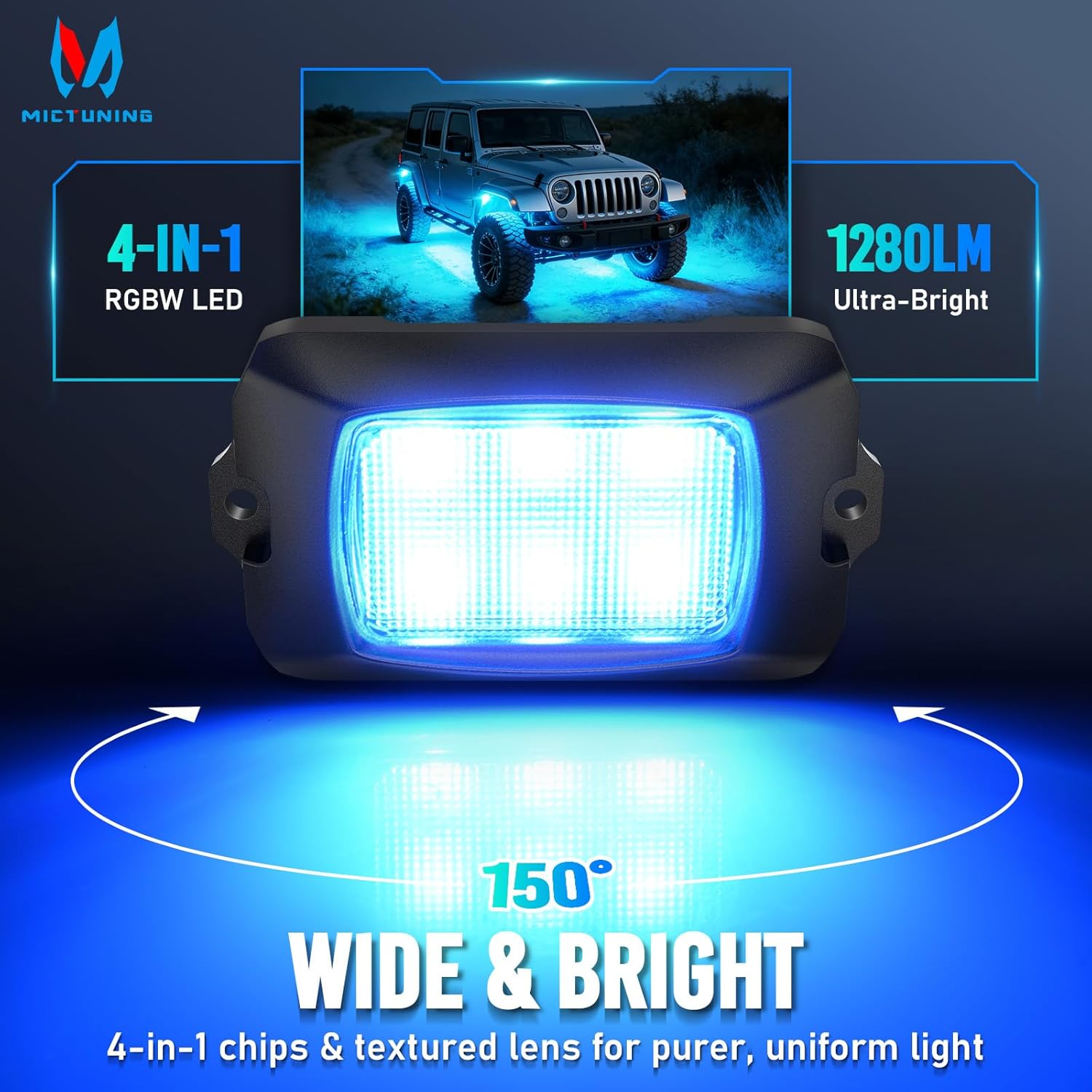 MICTUNING Q1 RGBW LED Rock Lights, APP & Remote Dual Control, 4 Pods Pure Color Underglow Neon Lighting with Wiring Switch Kit for Trucks Cars ATV UTV Golf Carts (2 Year Warranty)