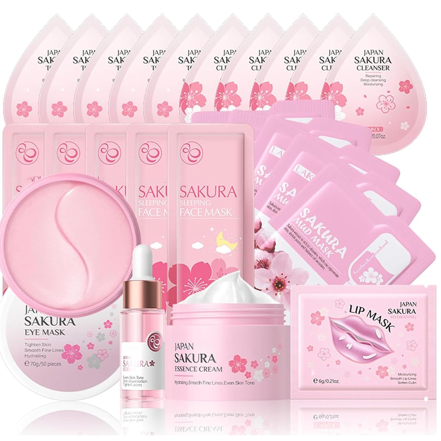 Cherry Blossom Skin Care Set, Sakura Skincare Set For Teenage Girls, Skin Care Kit For Women, Travel Skincare Set With Cream,Serum,Eye Mask,Lip Mask,Toner,Cleanser,Sleep Mask,Mud Maks 24PCS