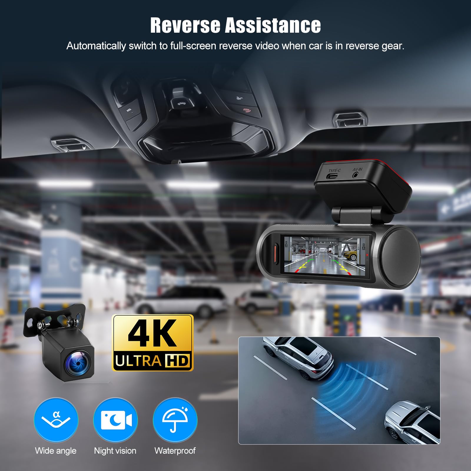 OiLiehu Cámara para Salpicadero 3,19 Pulgadas para Coches, Grabación Frontal e Trasero UHD 4K+4K, Lente Dual con G-Sensor/Control App/Grabación en Bucle/Visión Nocturna/Asistencia de Marcha Atrás