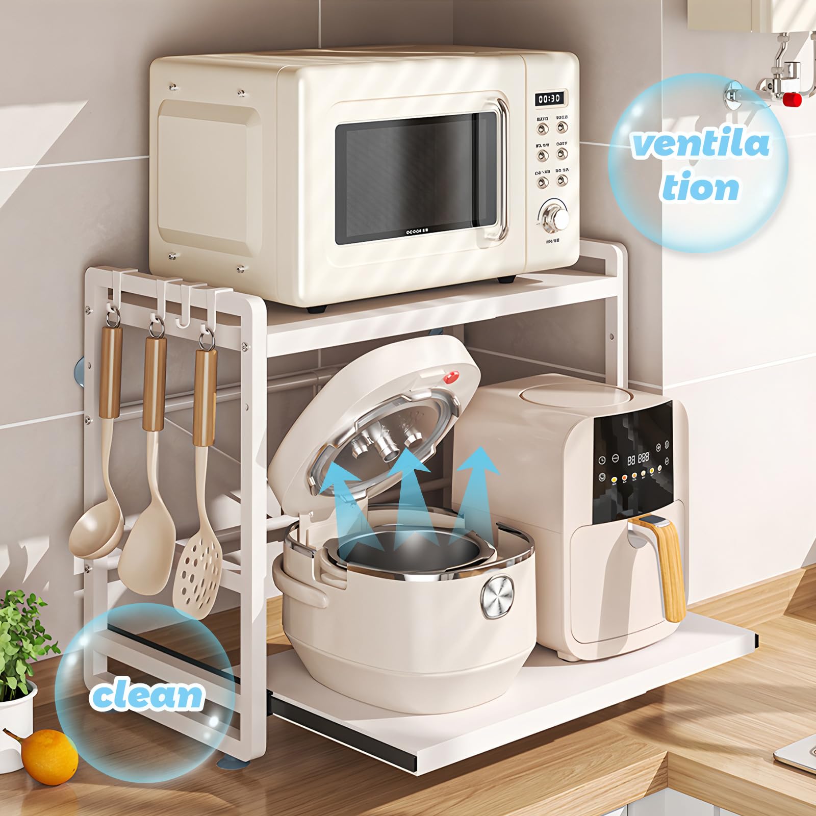 Estante de cocina con 2 niveles, altura ajustable y estante extensible con cajón, acero al carbono, ganchos y ventosas de refuerzo, fácil montaje, color blanco