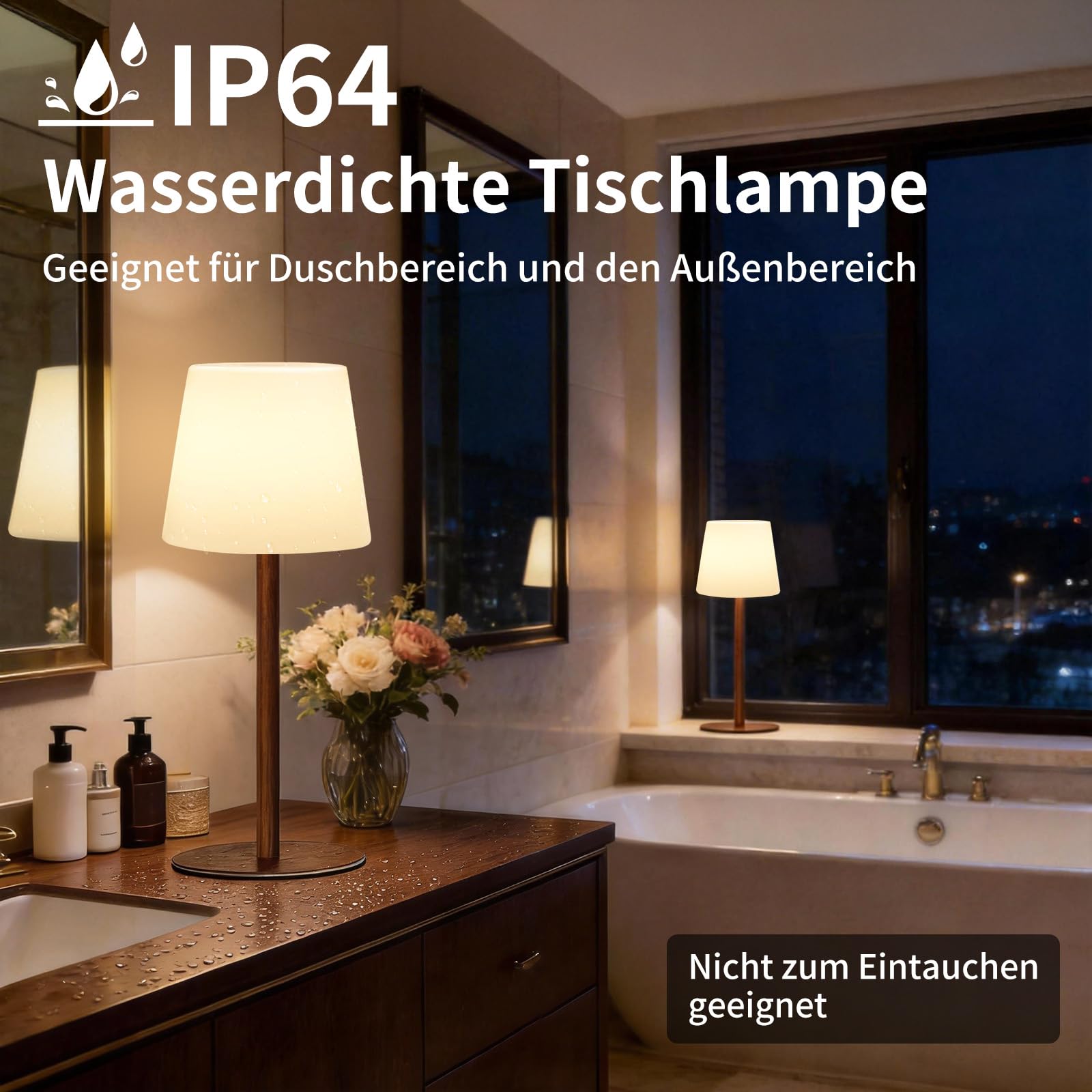 2er Set kabellose Tischlampe mit Fernbedienung, IP64 spritzwassergeschützt, Weißlicht bis 130 lm + RGB, 4000mAh Akku, 2 Höhen 27/41cm, stufenlos dimmbar, Timer, für innen & außen
