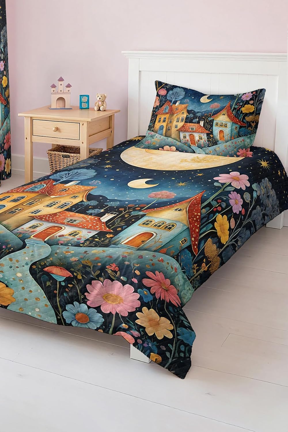 SODEF Bedding Set Twin Size Colorful Flowers and Houses Design Kids Room Quilt Set Breathable Cotton Polyester Blend 2 Piece Set - Multicolor, One Size